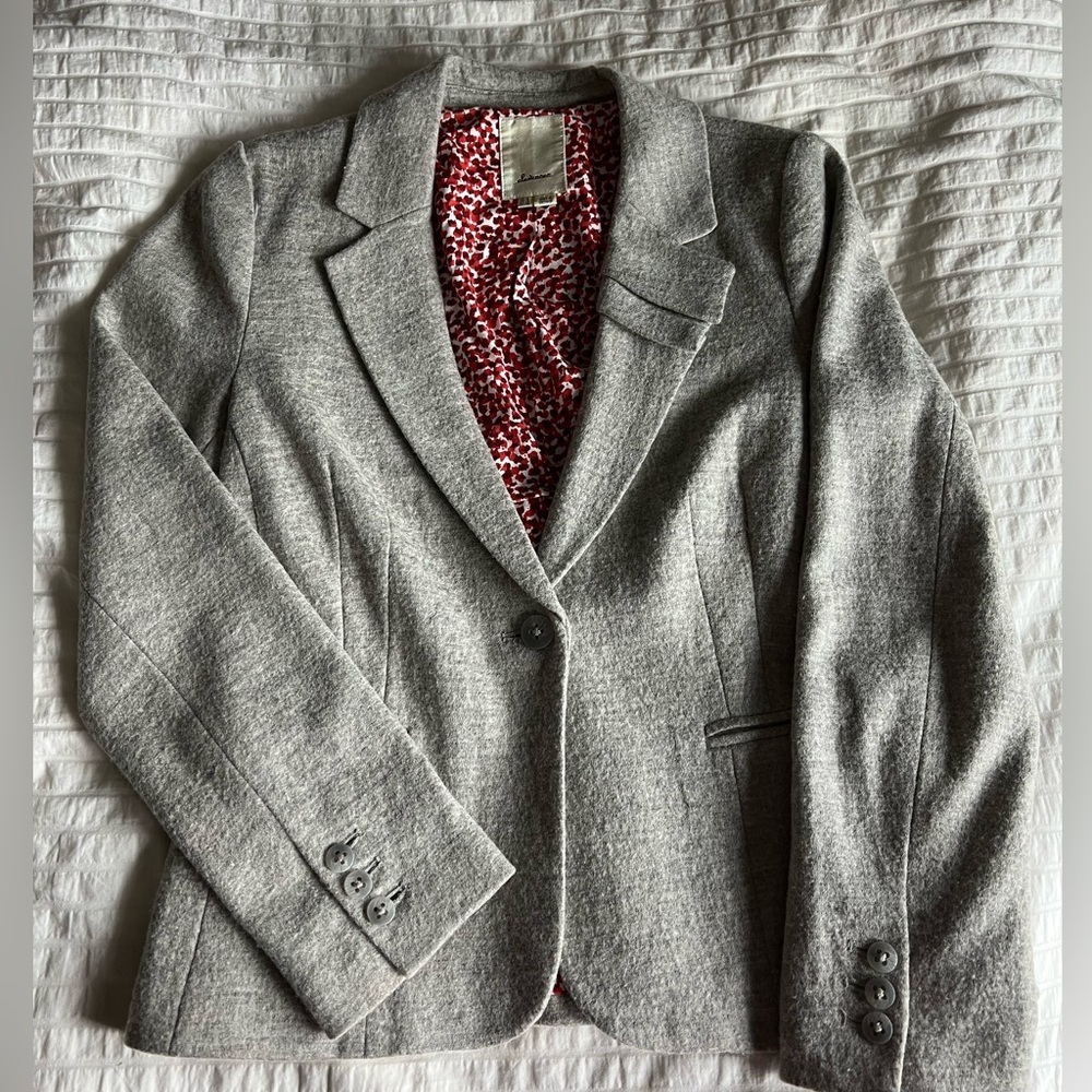 Anthropologie Elevenses Pleated Collar Wool Blend Blazer-grey Size 6/8